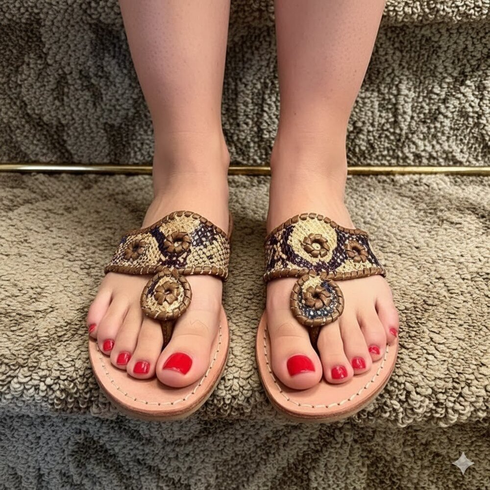 GUC Jack Rogers Yellow & Navy Python Snake Print Navajo Thong Sandals Size 5.5 M